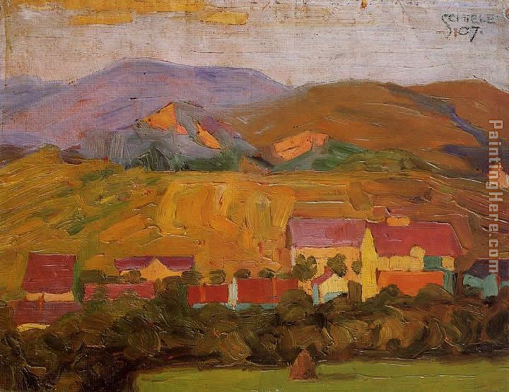Village with Mountains painting - Egon Schiele Village with Mountains art painting